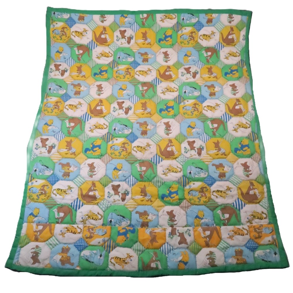 Winnie the Pooh Hexagon Patchwork Quilt Blanket 52x43 Green Nursery Crib Vtg 70s